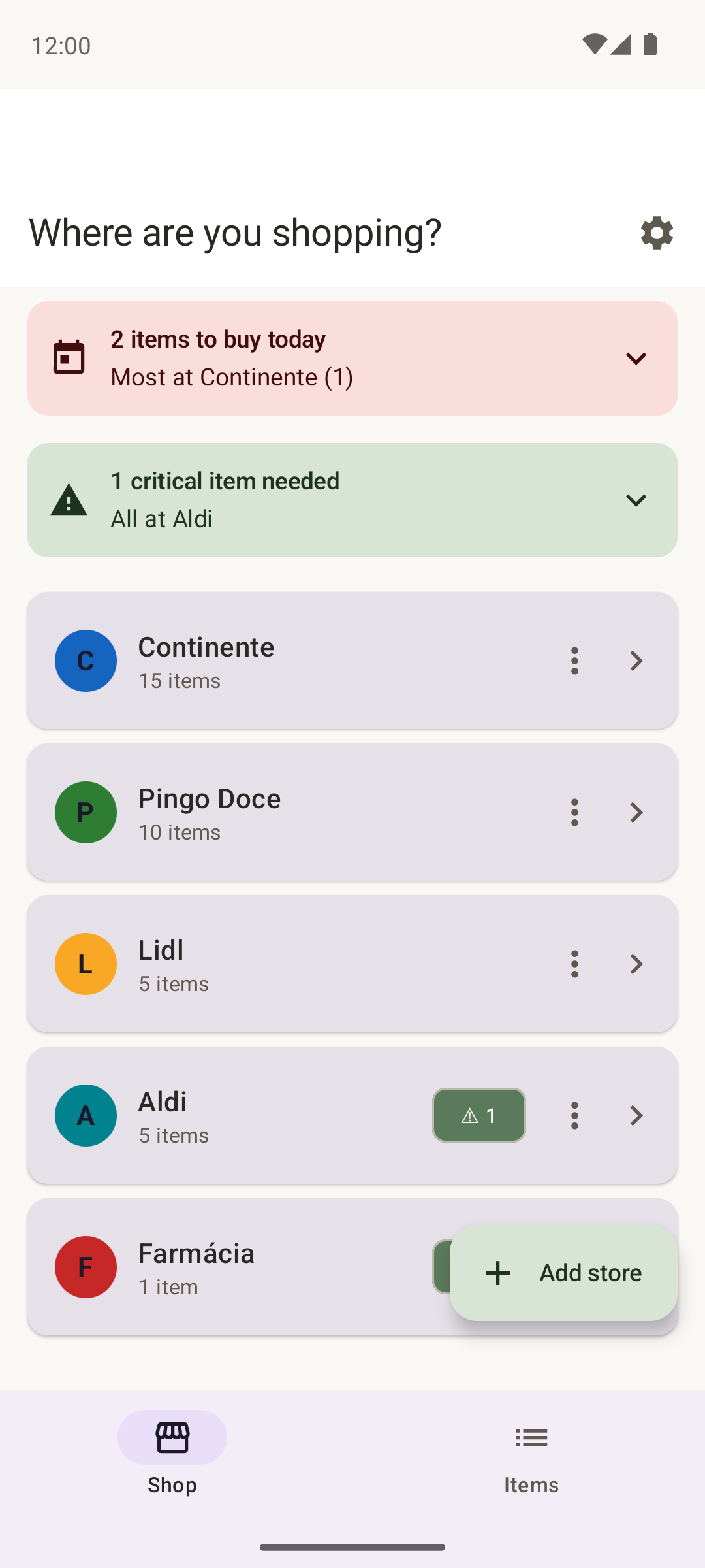 StoreHop Shop screen showing multi-store lists